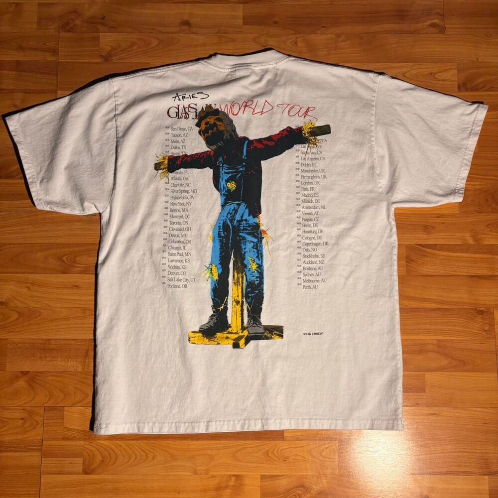 Aries Glass World Tour White Tee Size L Streetwear Skate Graphic Shirt